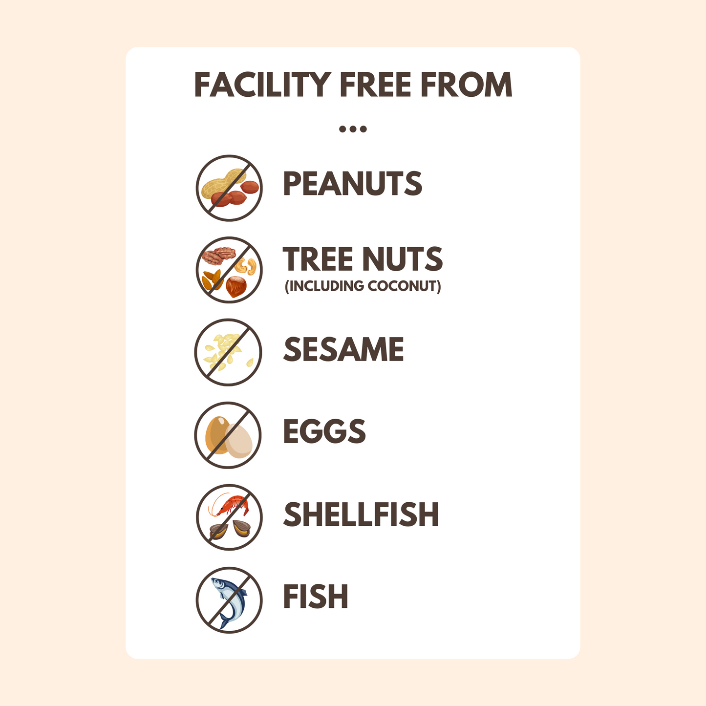 Facility free from peanuts tree nuts sesame eggs shellfish fish